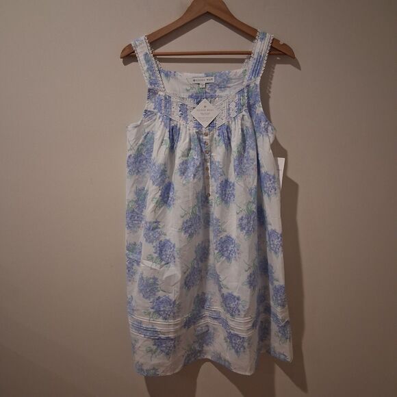 NWT Eileen West Nightgown Ballet Lace Trim Sleeveless Cotton Woven Blue Floral S - Picture 3 of 10